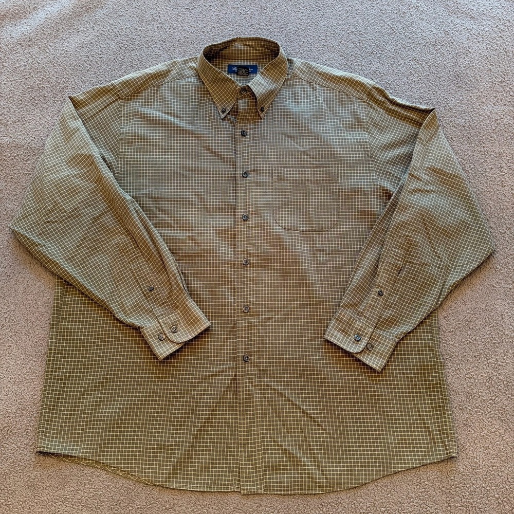 Brooks Brothers Green Tan Check Plaid Long Sleeve Button Up Shirt Men's XL
